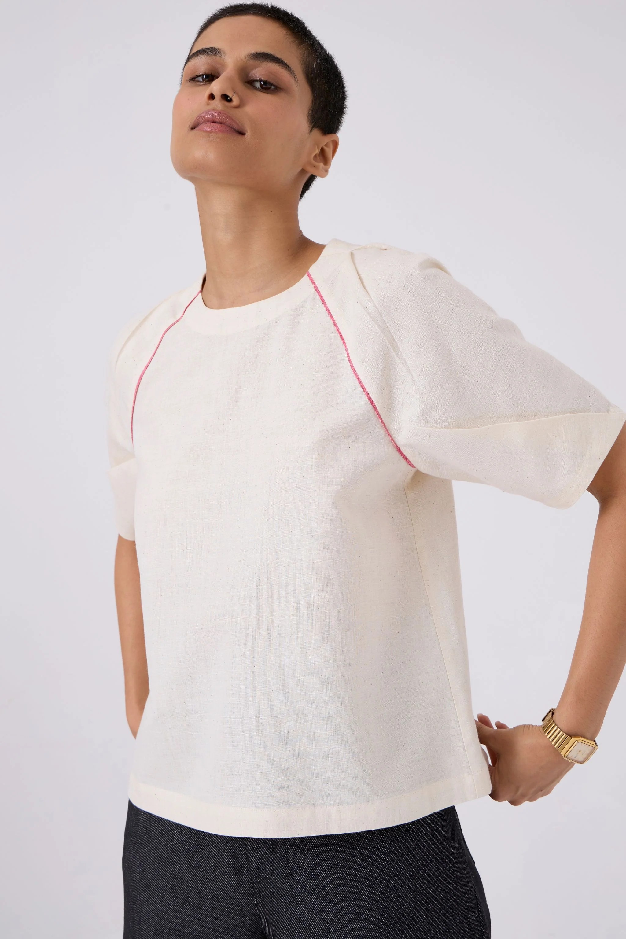 Loto Ivory Khadi Top With Statement Sleeve - Image 6